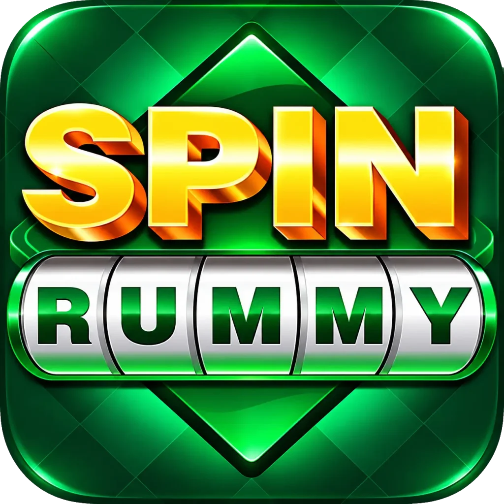 Spin Rummy colorful app emblem featuring playing cards and a spinning wheel element displayed alongside a mobile phone, verification badge, and web link indicator.